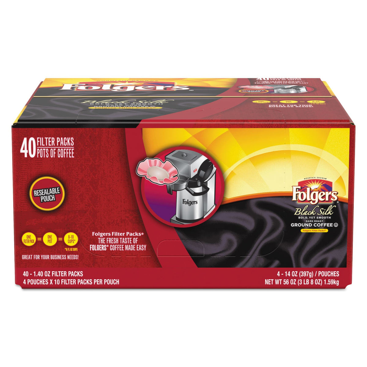 Folgers Coffee Filter Packs, Black Silk, 1.4 oz Pack, 40Packs/Carton