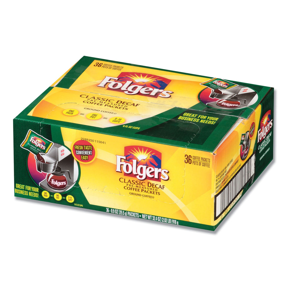 Folgers Coffee, Classic Roast, Decaf, 0.9 oz Bag, 36/Carton