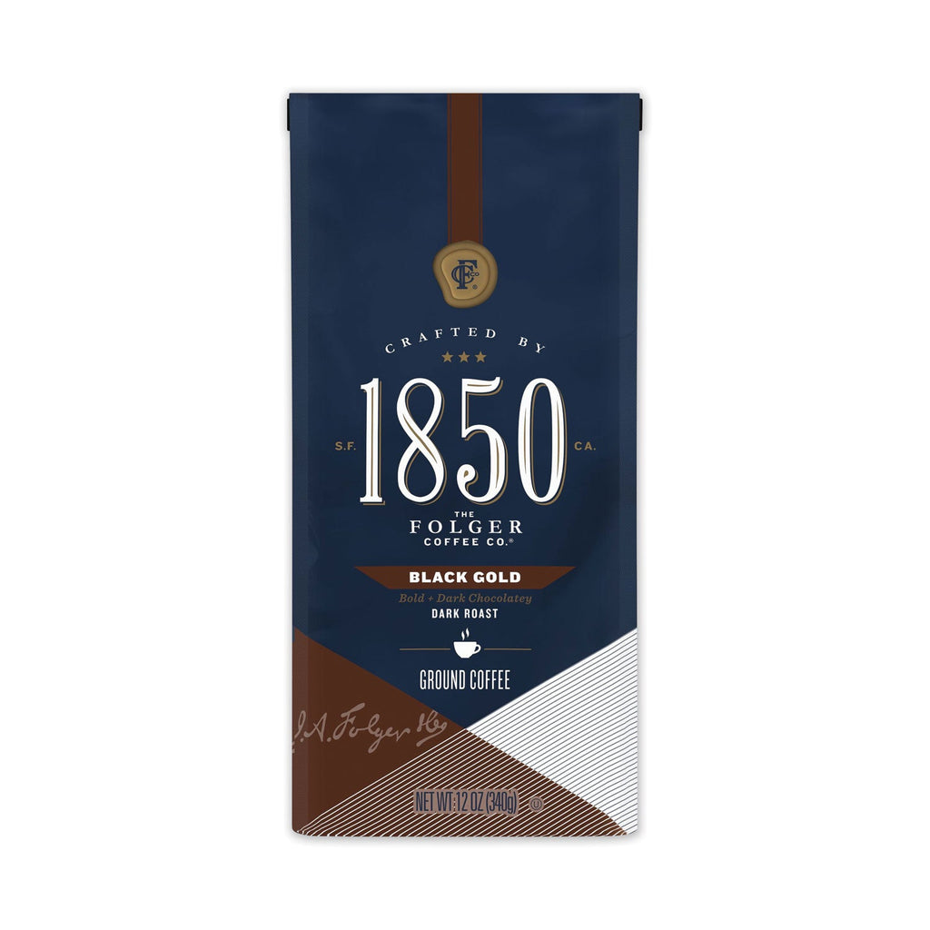 1850 Coffee, Black Gold, Dark Roast, Ground, 12 oz Bag, 6/Carton