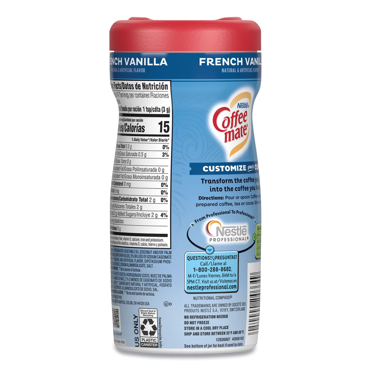 Coffee mate Non-Dairy Powdered Creamer, French Vanilla, 15 oz Canister, 12/Carton