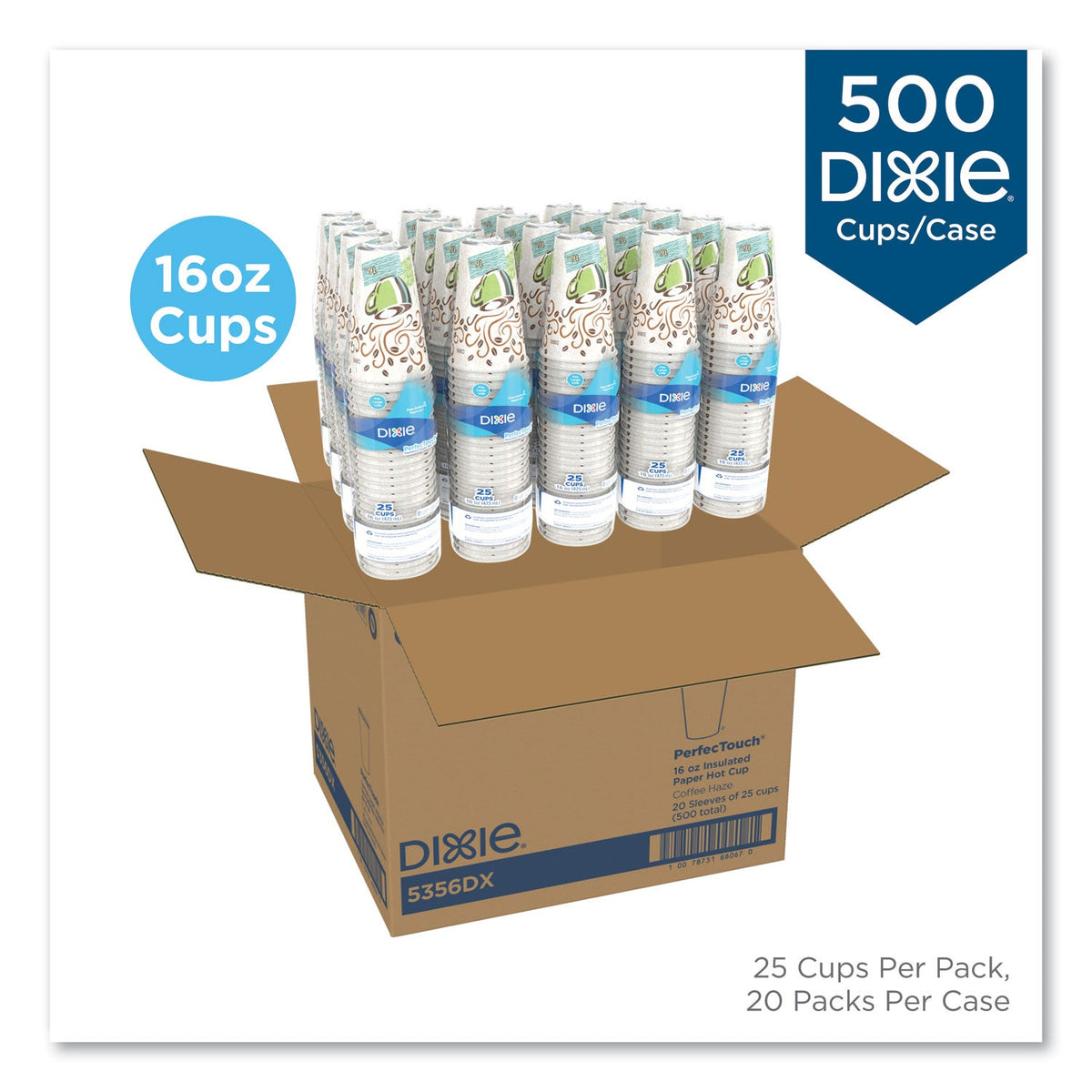 Dixie PerfecTouch Paper Hot Cups, 16 oz, Coffee Haze Design, 25 Sleeve, 20 Sleeves/Carton