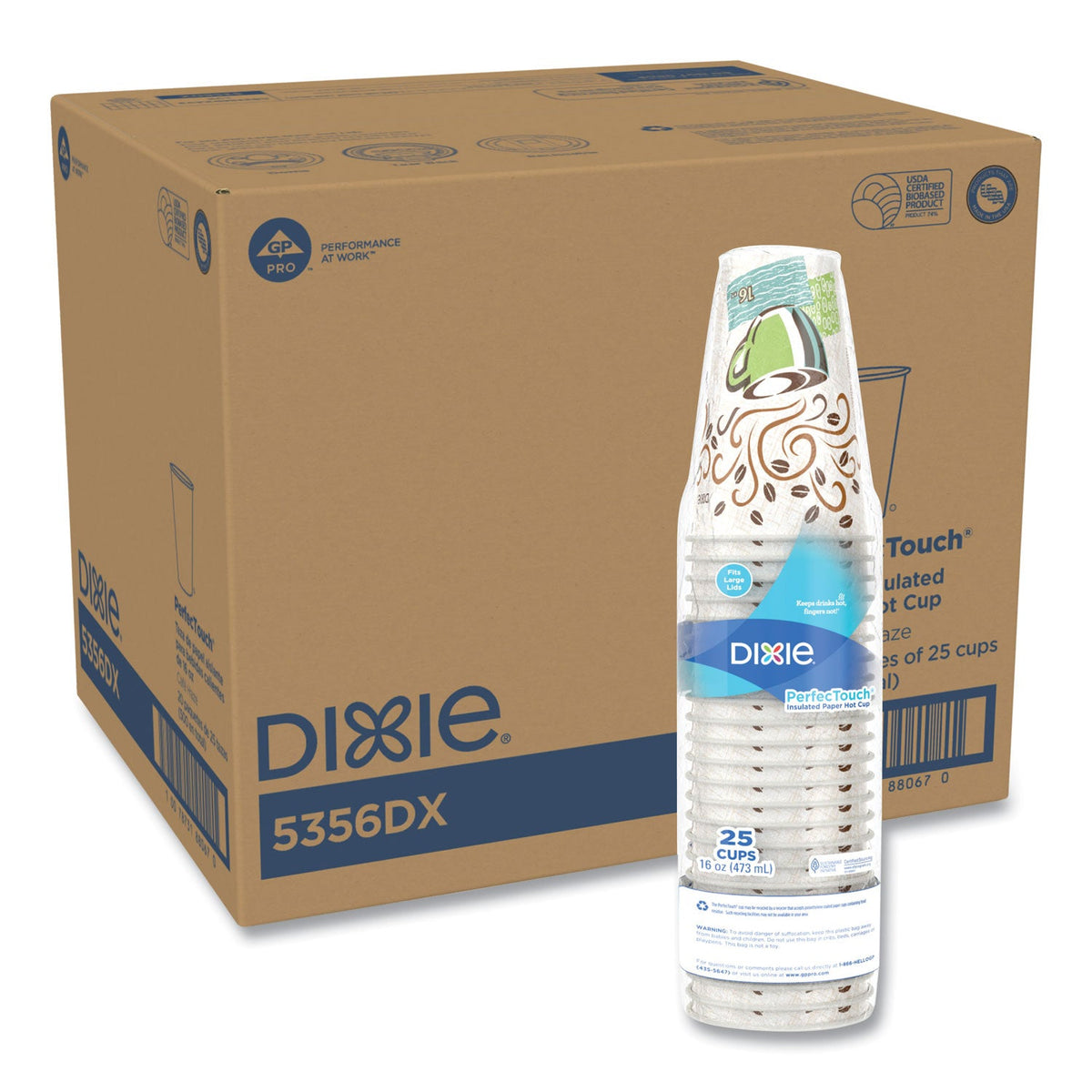 Dixie PerfecTouch Paper Hot Cups, 16 oz, Coffee Haze Design, 25 Sleeve, 20 Sleeves/Carton