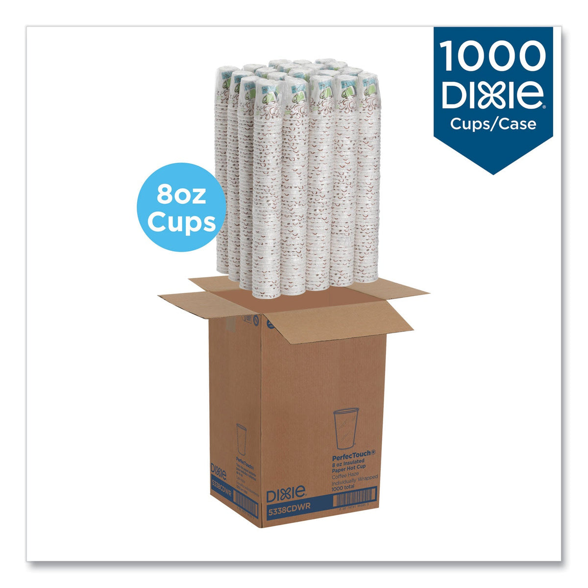Dixie PerfecTouch Hot Cups, 8 oz, Coffee Haze Design, Individually Wrapped, 50/Sleeve, 20 Sleeves/Carton