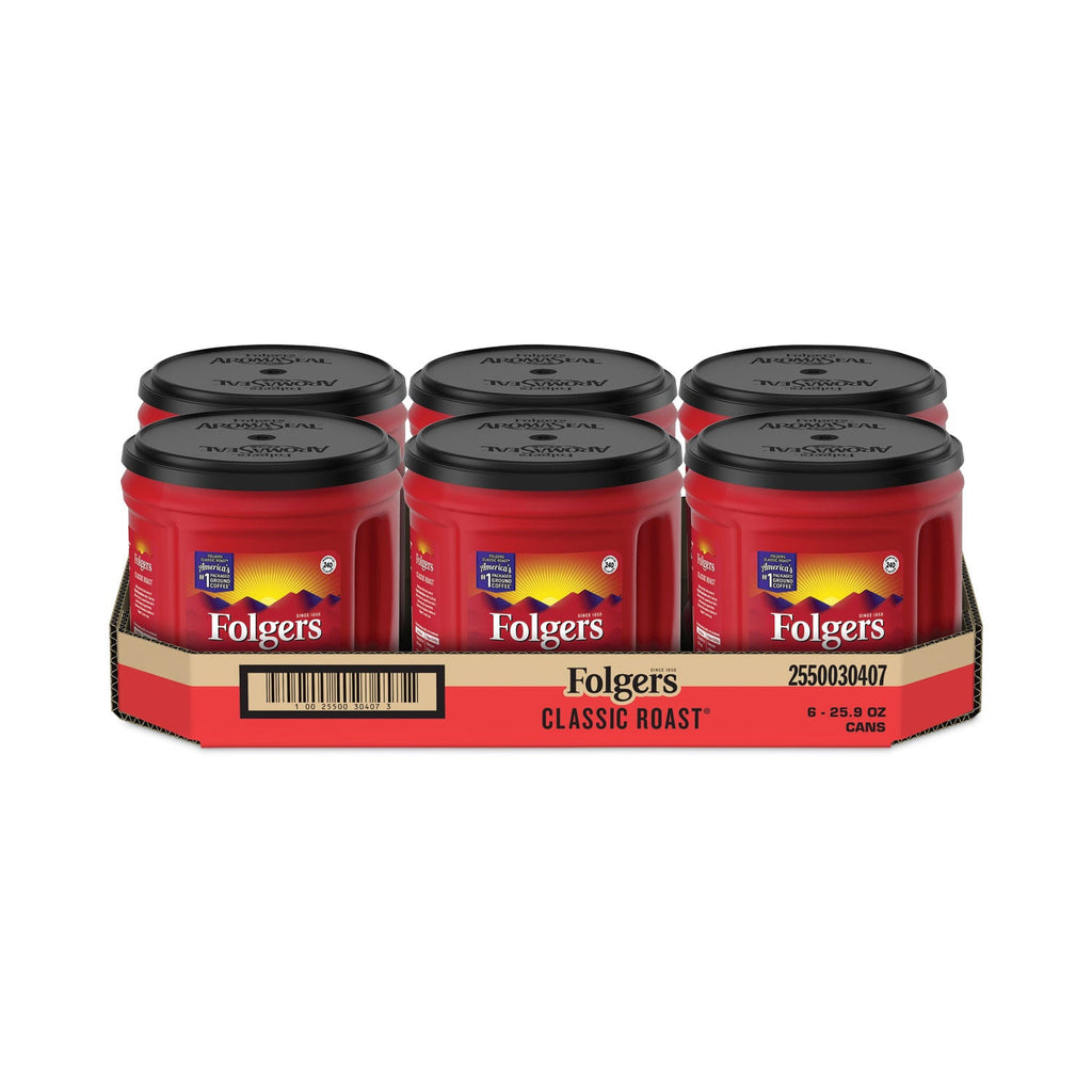 Folgers Coffee, Classic Roast, Ground, 25.9 oz Canister, 6/Carton