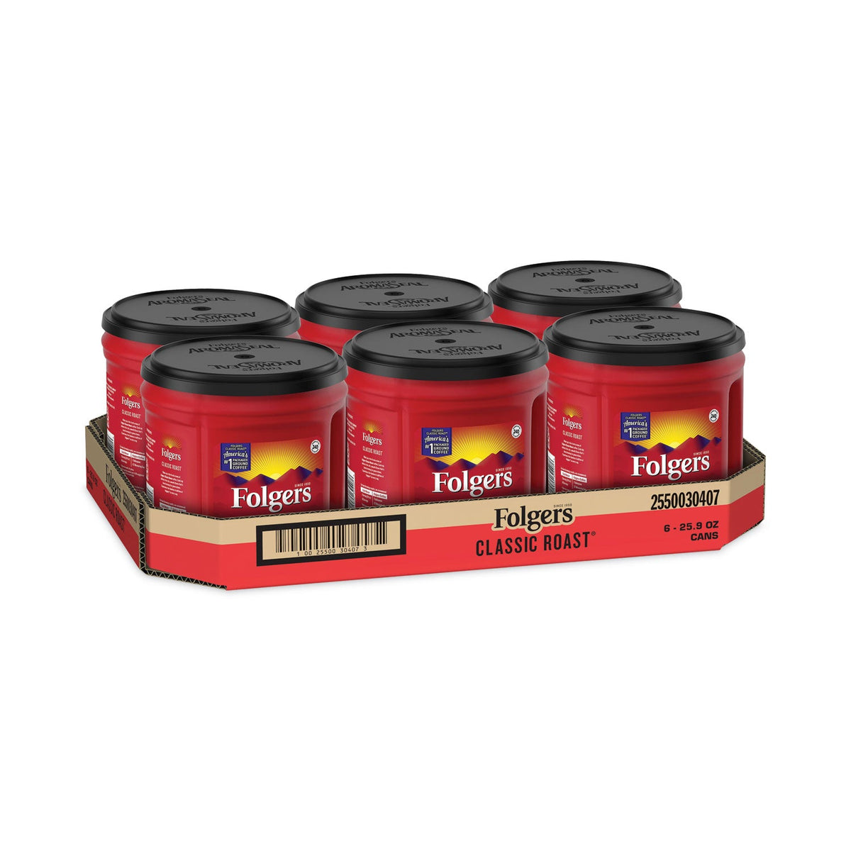 Folgers Coffee, Classic Roast, Ground, 25.9 oz Canister, 6/Carton