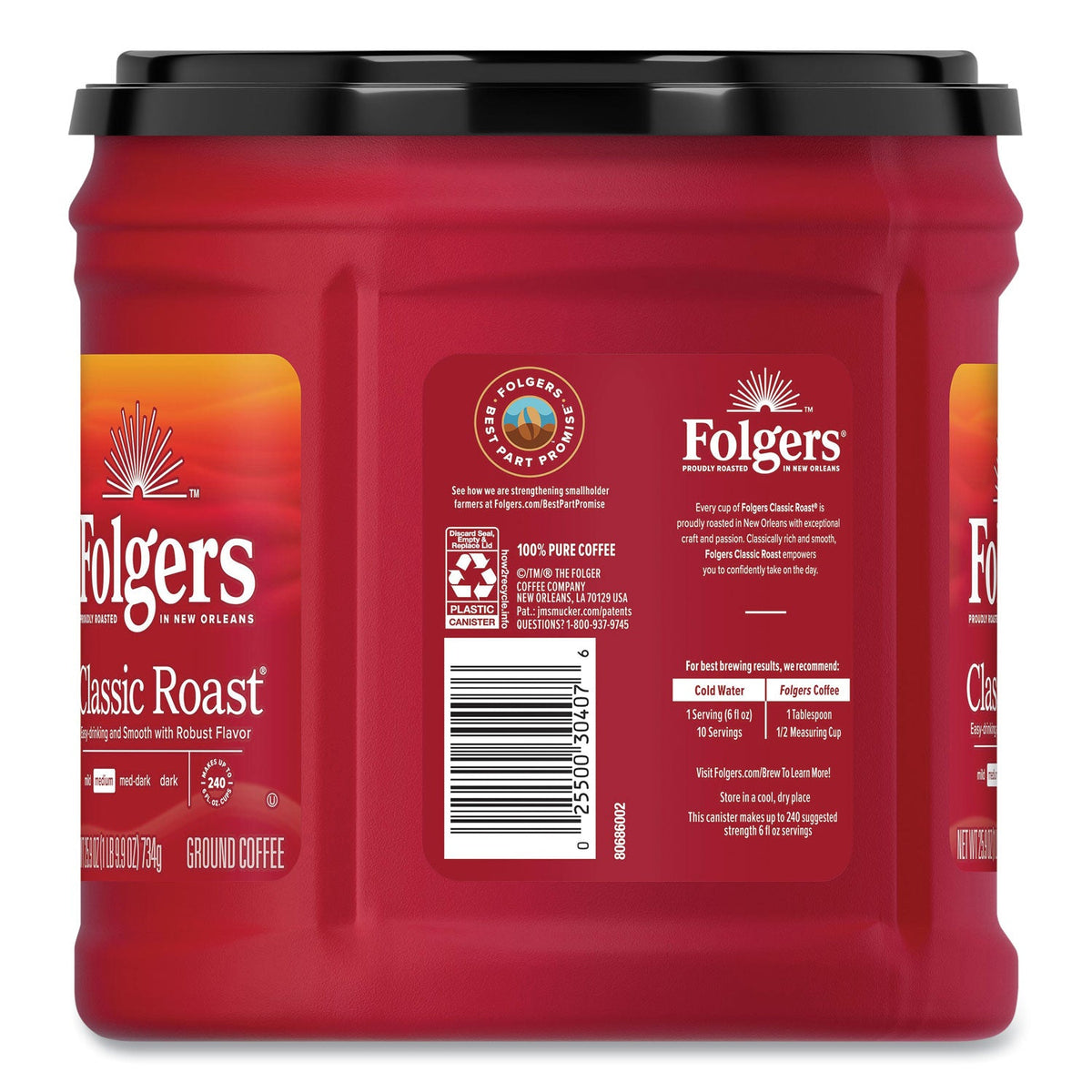Folgers Coffee, Classic Roast, Ground, 25.9 oz Canister, 6/Carton