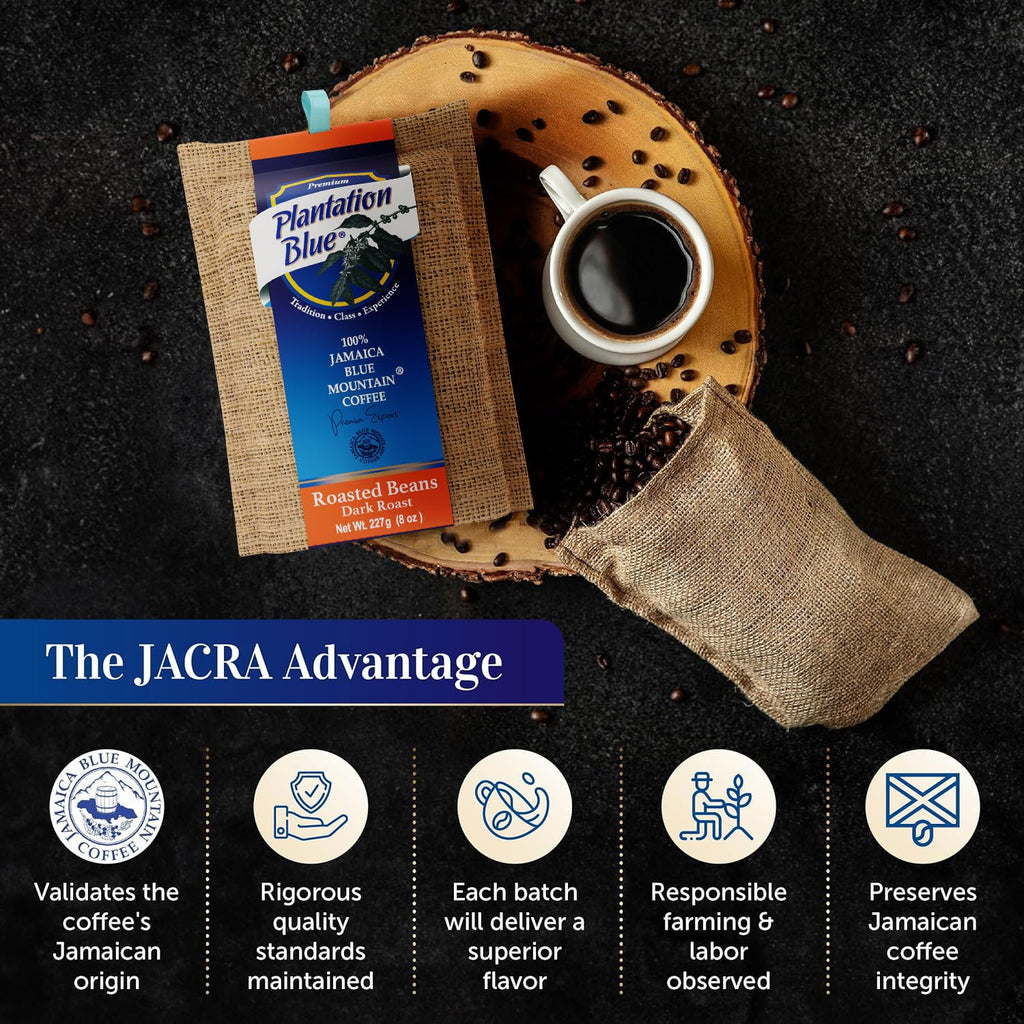 Plantation Blue 100% Jamaica Blue Mountain Coffee — Dark Roast Whole Beans | 8oz | JACRA Certified