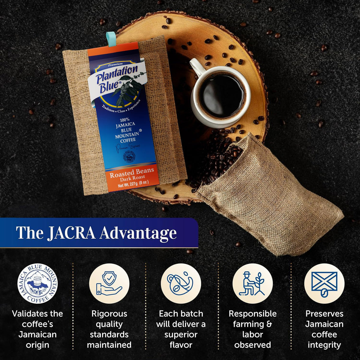 Plantation Blue 100% Jamaica Blue Mountain Coffee — Dark Roast Whole Beans | 8oz | JACRA Certified